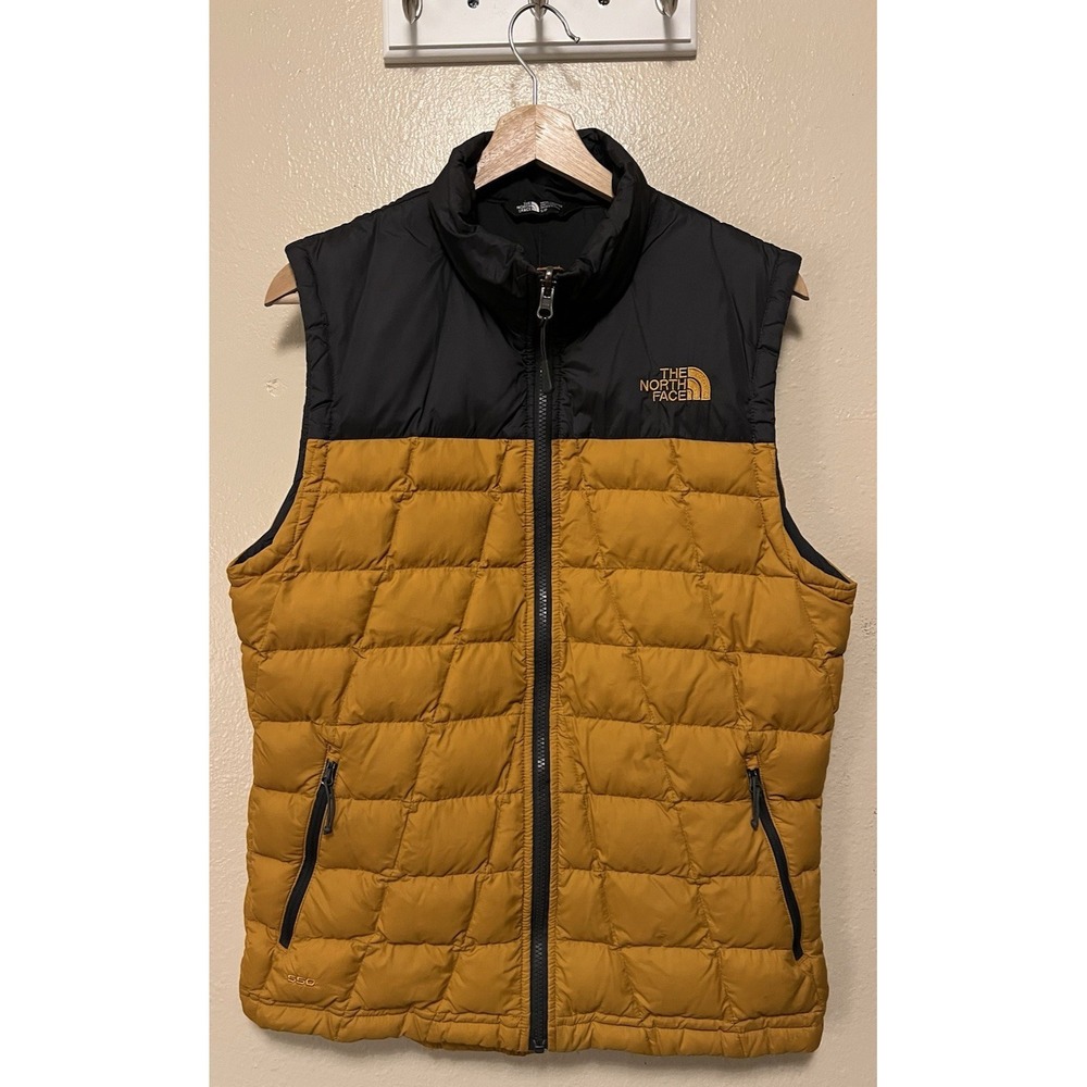 The North Face 550 Down Puffer Vest Black Mustard Yellow Outdoor Hike Men's Sz S